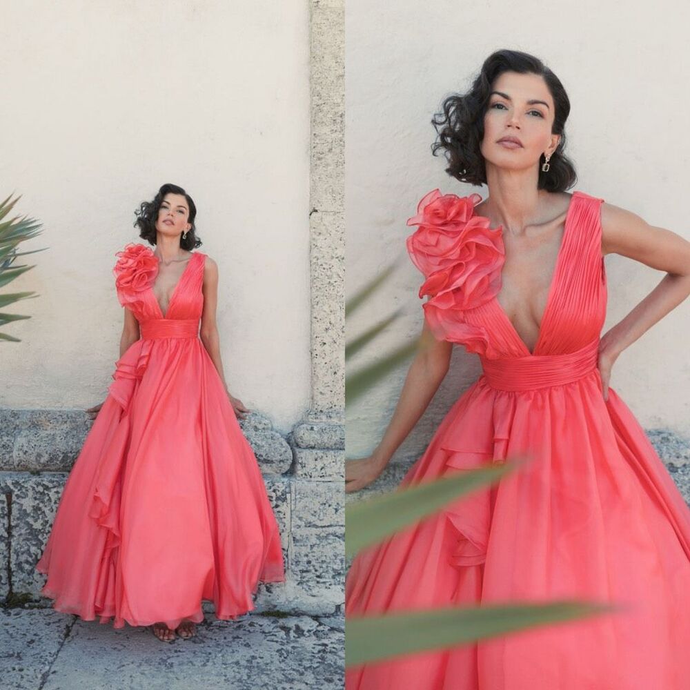 MAC DUGGAL Coral Ruffle Shoulder V-Neck Chiffon Gown Size US8 $398